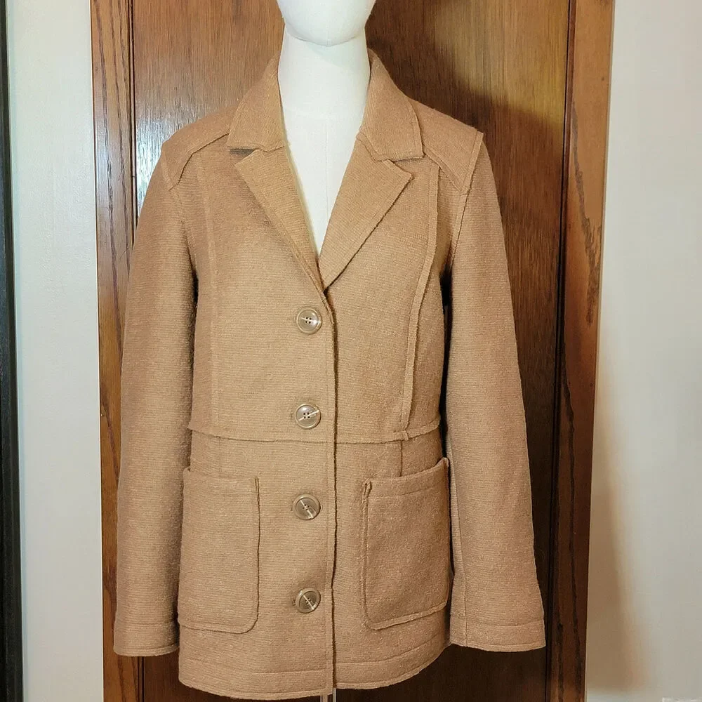 Chico's Wool Blend Tailored Blazer Jacket Button Front Camel Tan Size 1 Medium - Picture 8 of 14